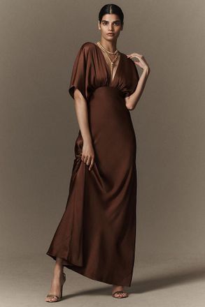 BHLDN Amelia Deep-V Flutter-Sleeve Satin A-Line Gown