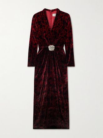 Saloni Abito Midi In Velluto Stampato Con Arricciatura E Cristalli Mya - Rosso