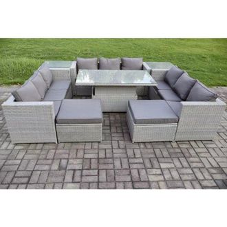 Fimous 11 Seater pe Rattan Garden Funiture Set Outdoor Height Adjustable Rising Lifting Table Sofa Dining Set with 2 Side Tables 2 Big Footstools - Fimous