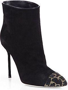 Sergio Rossi Suede Leopard Cap-Toe Ankle Boots Size 36.5