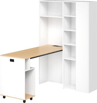 Urban Meuble Escritorio esquinero retr&aacute;ctil con efecto madera y estanter&iacute;a blanca