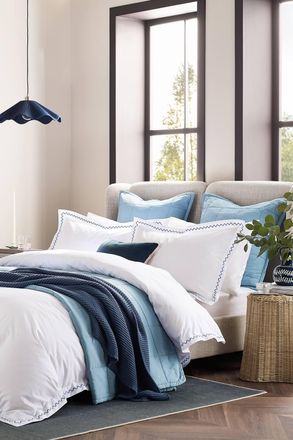 Christy Wave Edge Embroidered Cotton Percale Duvet Cover Sets in Blue | Size: Super King