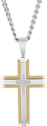 Robert Alton 1/10 CTW Beveled Raised Yellow and White Stainless Steel Cross Pendant with White Diamonds