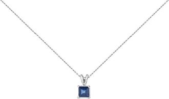 House of Brilliance 14K White Gold 5x5 MM Square Shaped Blue Sapphire Solitaire Pendant Necklace