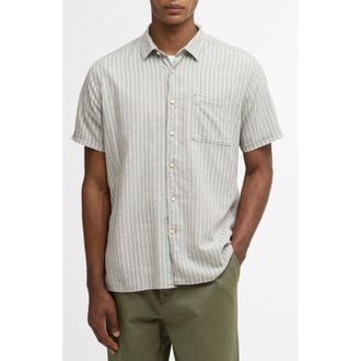 Barbour Nelson Stripe Short Sleeve Linen & Cotton Button-Up Shirt in Bleached Olive at Nordstrom, Size Xx-Large