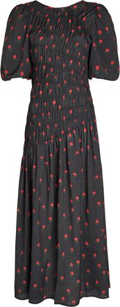 Never Fully Dressed Nara Rose-print Shirred Woven Midi Dress - Black - 18 (UK18 / Xxl)