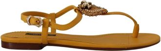 Dolce & Gabbana Mosterdleren Platte Sandalen - Dames - Sandalen - Geel - 35 EU - Leer - Schoenen