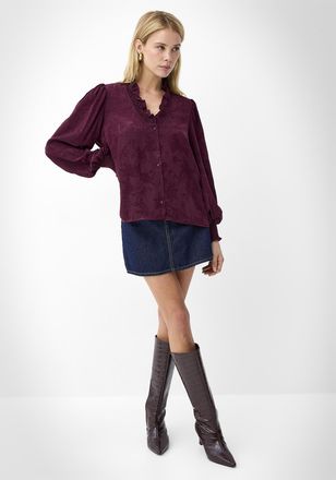 Icone Womens Ruffled V-neck burgundy jacquard blouse