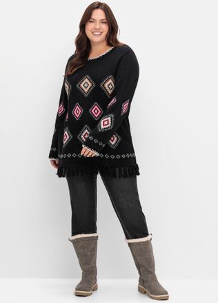 Sheego Strickpullover SHEEGO Strickpullover, Damen, Gr. 40/42, schwarz (schwarz, gemustert), 50% Baumwolle, 50% Polyacryl, ethno, gemustert, mehrfarbig, Pull