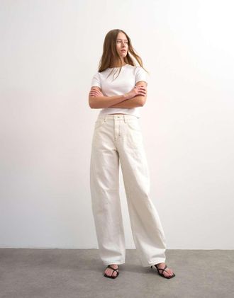 Topshop Barrel - Jeans a vita medio alta color osso-Bianco