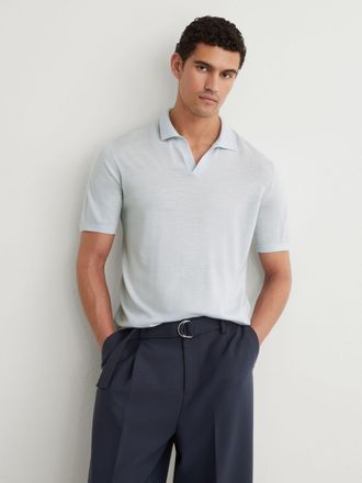 Reiss Aquatic Blue Merino Wool Open-collar Polo Shirt, Xxl