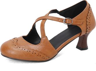 Generic Womens Cross Strap Casual Shoes with Buckle Mid Kitten Heel Retro Dress Shoes Round Toe PU Leather Brogue Shoe,Yellow,10.5 UK