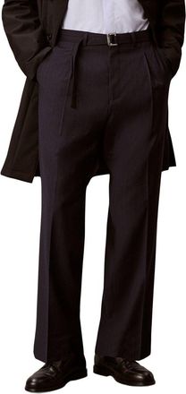 Calvin Klein Straight Wool-Blend Pinstripe Belted Trouser