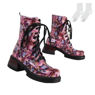 Generic Womens Colorful Lace-Up Ankle Boots, 5.5Cm Block Heel Riding Boots, Fashionable Mid-Calf Boots with Abstract Pattern, Comfortable Winter Boots for Eve