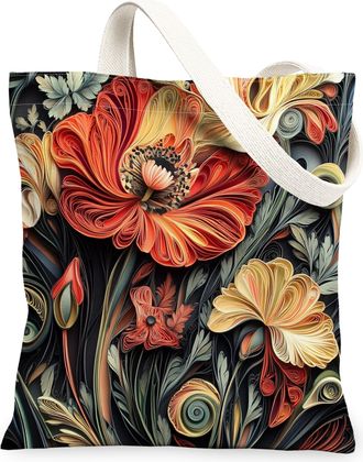 Generic Spring Quilting Paper Poppy Flower Canvas Tote Bag for Shopping 13x15, Floral Wildflower Reusable Grocery Print Pattern Bag for Women, Garden Beach Ae