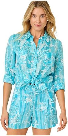 Lilly Pulitzer Sea View Button Down Womens Clothing Capri Blue Roseys Petals : XS, Linen