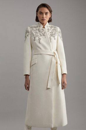Karen Millen Wool Blend Crystal Embellished Notch Neck Belted Midaxi Coat