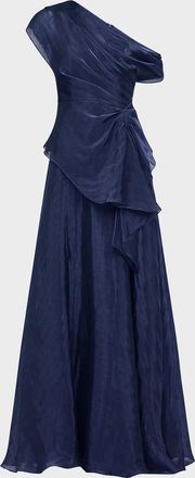 Theia Avalina Draped Organza Lame Peplum Gown
