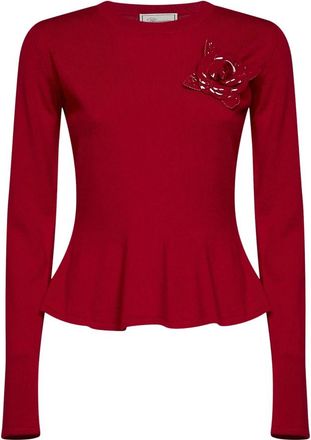 Blumarine Trui met broche van lakleer en gegolfde zoom - Dames - Ronde hals truien - Rood - S - Leer - Truien & Vesten