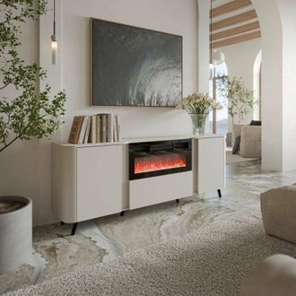 Dmora Aparador Briano, Aparador De Sal&oacute;n Con Dos Puertas Batientes, Puerta Abatible Y Chimenea El&eacute;ctrica, Elevado Del Suelo, 191 X 40 X 69 Cm, Beige