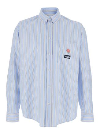 Msgm Light Blue Shirt With All-over Striped Motif And Logo On The Front In Cotton Man
