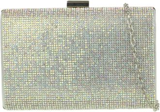 Girly HandBags Womens Luxury Shimmer Satin Hard Case Clutch Bag Diamante Encrusted Evening Party Wedding Handbag Medium AB Silver