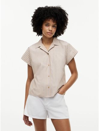 Tommy Hilfiger Womens Striped Poplin Camp Shirt - Beige - XXL