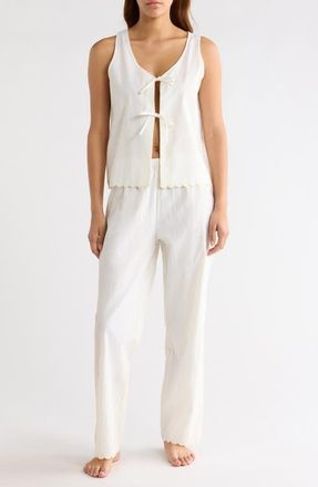 French Connection Stripe Scallop Edge Cotton Pajamas in Lemon/White Stripe at Nordstrom, Size X-Large