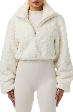 Naked Wardrobe Faux Shearling Quarter Zip Crop Pullover in Ivory at Nordstrom Rack, Size X-Small