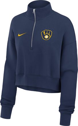 Nike Milwaukee Brewers Phoenix Nike Womens MLB Cropped 1/4-Zip Crew in Blue | 01N944BMZB-LMW