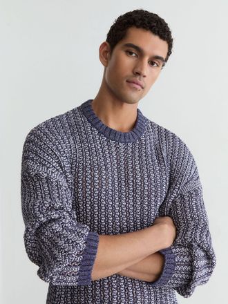 Reiss Denim Blue Jaspe Cotton-blend Tape-yarn Crew-neck Jumper, Xxl