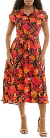 Nina Leonard Print Short Sleeve Shirtdress in Black/Pink Multi at Nordstrom Rack, Size X-Large