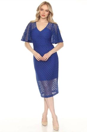 Joseph Ribkoff Guipure Lace-Flutter Sleeve Midi Sheath Dress In Royal Sapphire