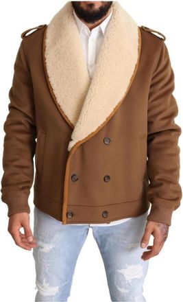 Dolce & Gabbana Shearling Jas met Logo Details - Heren - Jassen - Bruin - 2XL - Polyester - Jassen