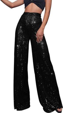 Generic Sequin Trousers for Women UK Wide Leg Trousers Glitter Pants Elasticated Waist Trouser Ladies Lounge Pants Sparkly Pant Palazzo Trouser Elegant High W