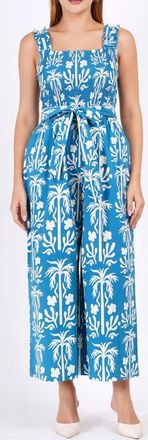 Leota Janet Cropped Jumpsuit in Palm Fields Mykonos Blue at Nordstrom, Size Xx-Large
