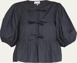 Ganni Poplin Front-Tie Peplum Blouse with Puffed-Sleeves