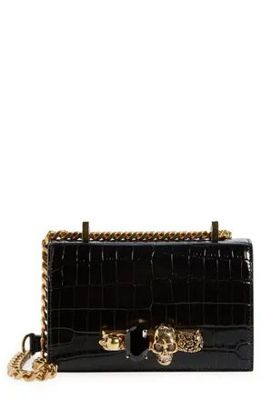 Alexander McQueen Alexander McQueen Mini Jeweled Croc Embossed Leather Satchel in Black at Nordstrom
