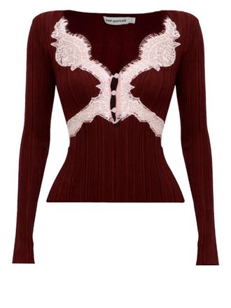 Self Portrait Deep V Neck Lace Ribbed Top Blouse