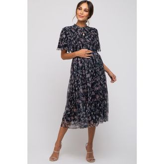 Pinkblush Floral Smocked Mesh Knit Midi Dress in Black at Nordstrom, Size X-Large