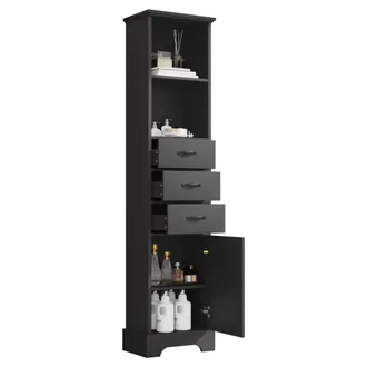 STILVORA Armario De Ba&ntilde;o Con 3 Cajones, 2 Estantes Abiertos Y 1 Puerta, Estante Ajustable, En Mdf, Negro, 38&times;26&times;172.5 Cm