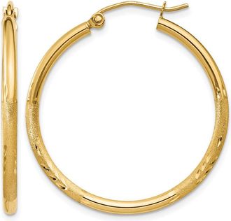 Diamond2Deal 14k Gold Satin & Diamond-cut 2x30mm Round Hoop Earrings