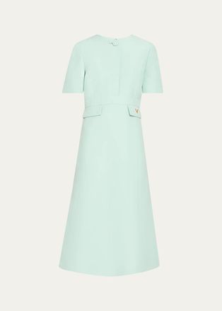 Valentino Garavani V-Logo Pockets Short-Sleeve Wool Silk Midi Dress