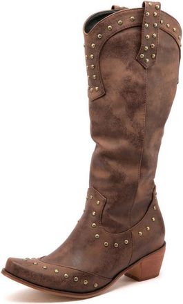 Generic Womens Square Toe PU Leather Long Boots with Rivet Pull on Western Cowboy Boot Chunky Heel Knee High Boots,Brown,4.5 UK