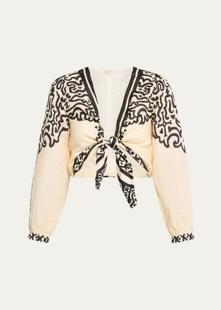 Johanna Ortiz Gentle Burn Printed Linen Long-Sleeve Tie Crop Top
