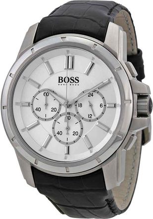 HUGO BOSS Chronograph Silver Dial Black Leather Mens Watch 1512927