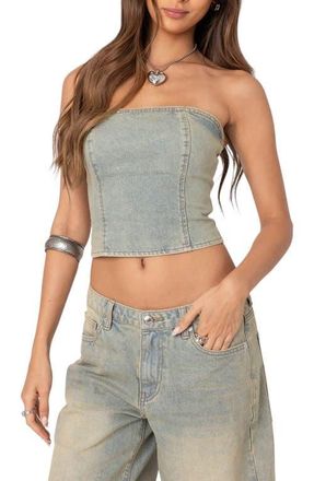 Edikted Shira Cotton Denim Sleeveless Crop Top in Blue-Washed at Nordstrom, Size Small