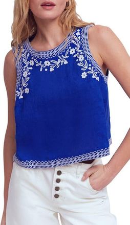 Boden Sofia Embroidered Linen Top in Blue Embroidery at Nordstrom, Size 0