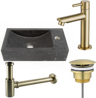 Saniclass Fuente fonteinset - 40x22 - 1 kraangat - rechts - natuursteen - fonteinkraan Geborsteld Messing PVD (Goud) - donker