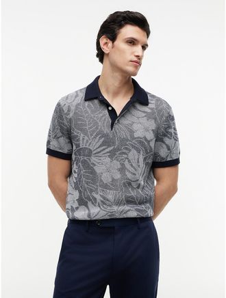 Tommy Hilfiger Mens Short-Sleeve Tropical Print Sweater Polo - Navy - XXL